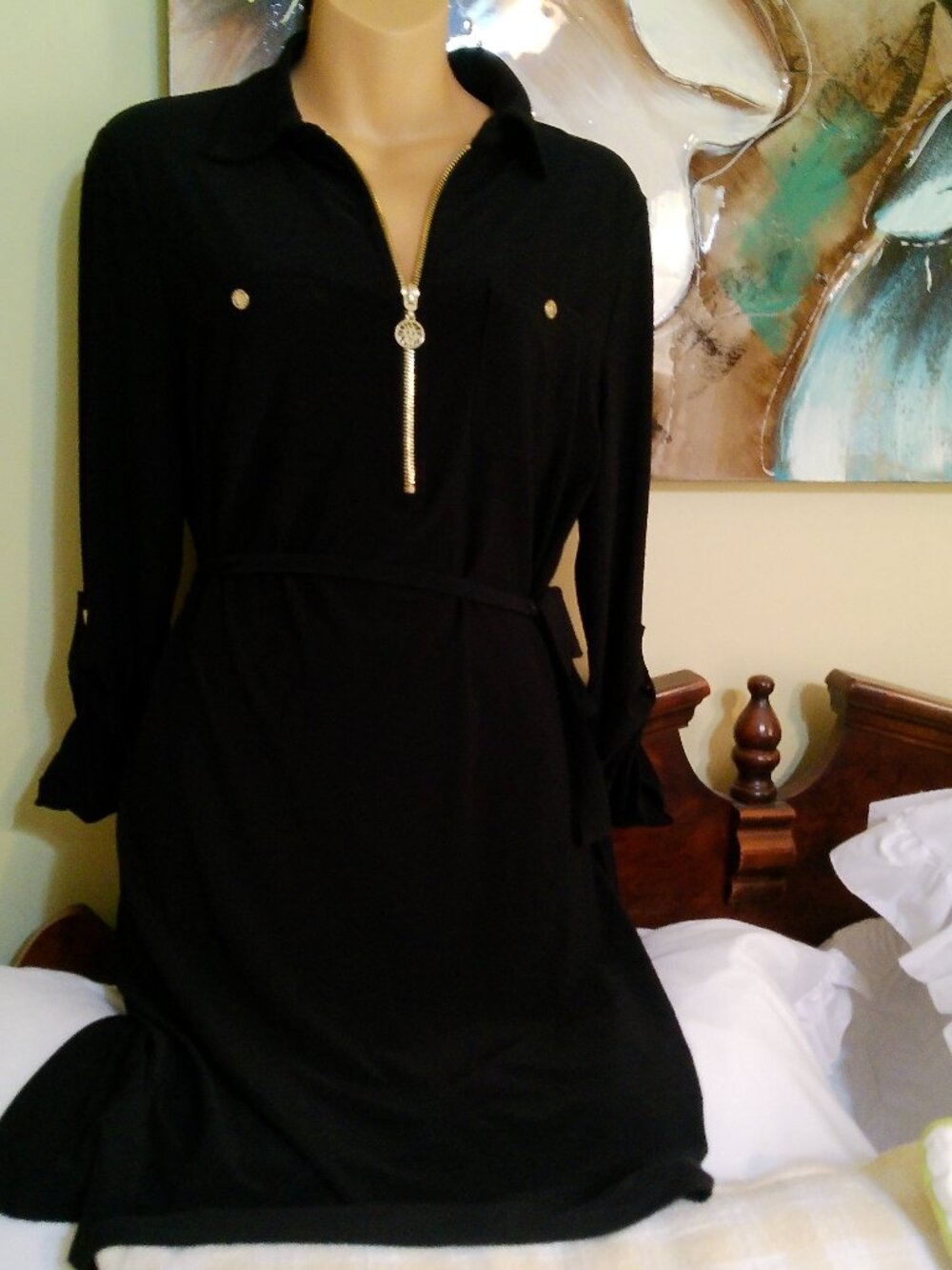ANNE KLEIN BLACK DRESS WITH GOLD ACCENTS SIZE 8 GOOD CONDITION